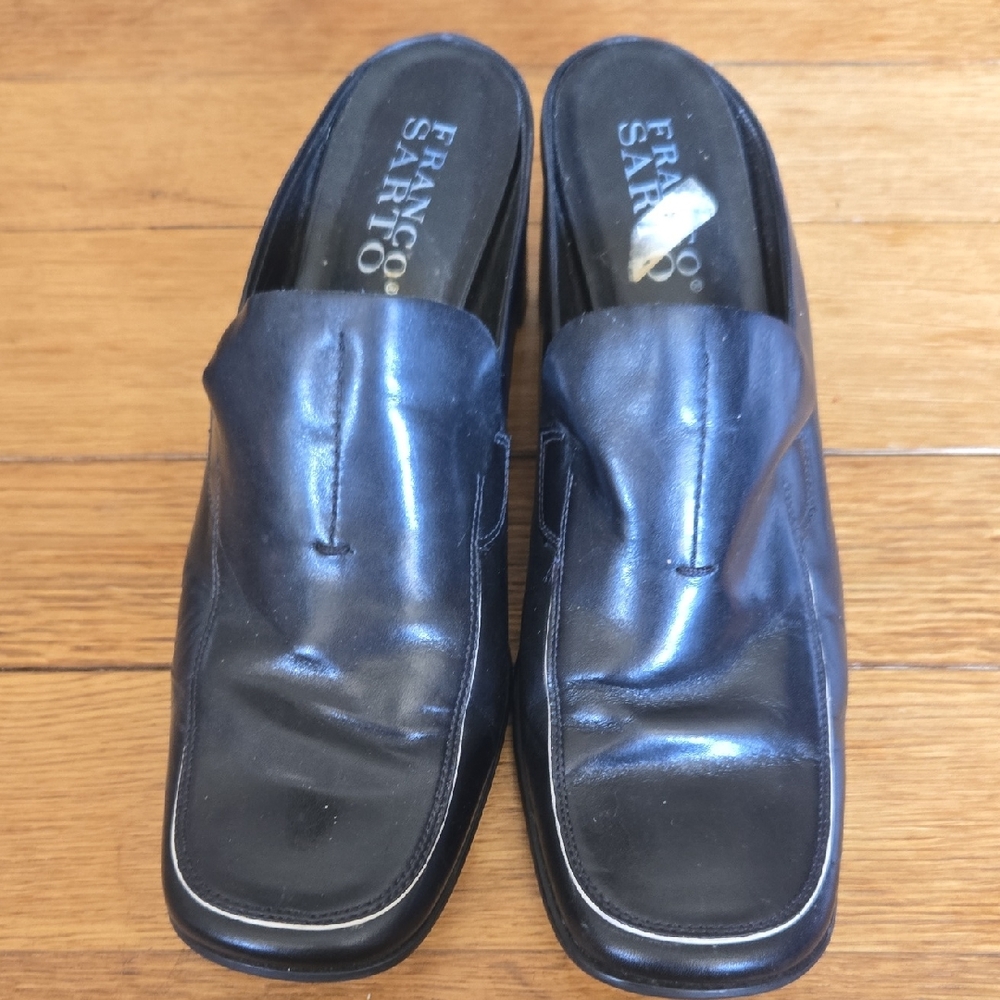 Franco Sarto Black Mules with Polished Leather Finish
